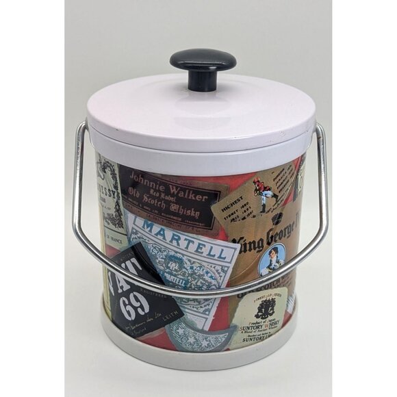 Vintage Metal Ice Bucket With Numerous Whisky Label Exterior Design - Picture 1 of 16